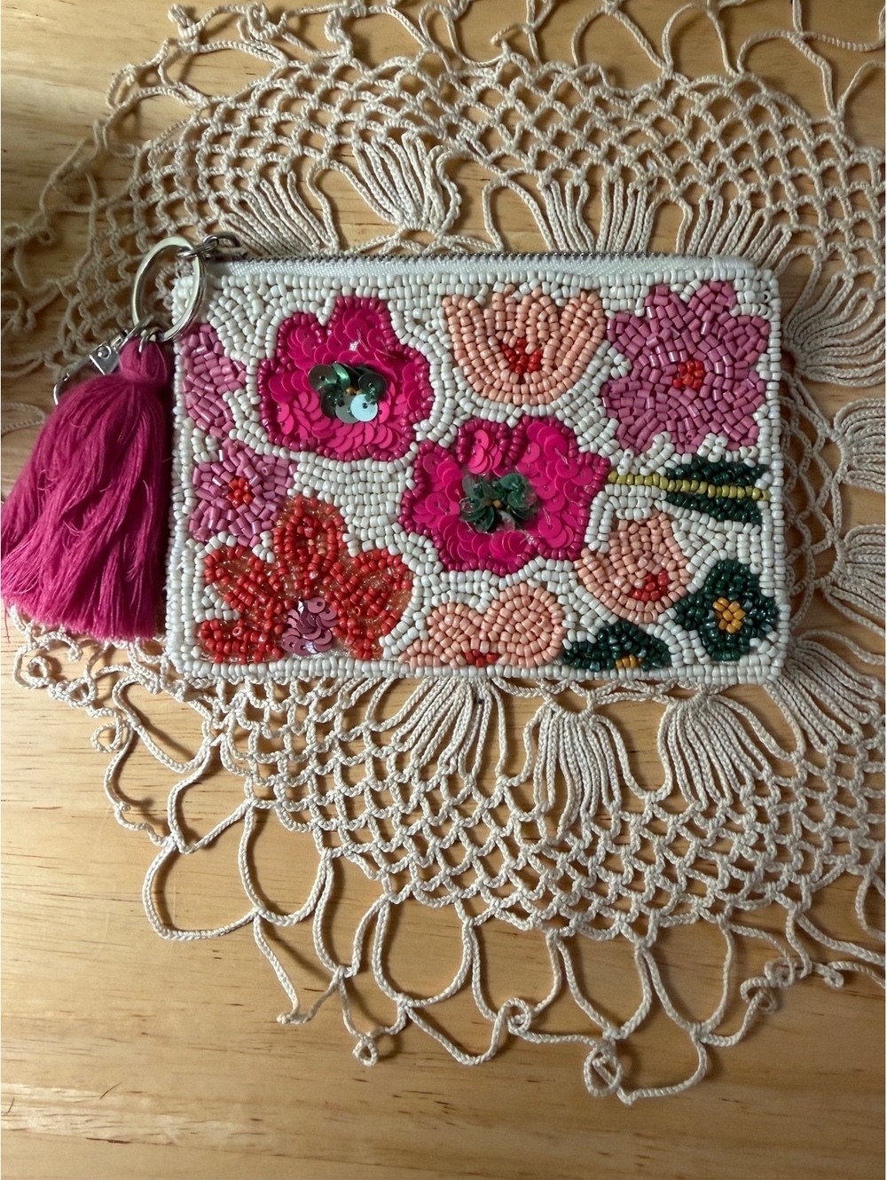 Beaded Floral Pouch Wallet with Pink Tassel